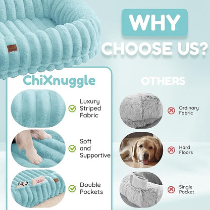 ChiXnuggle Human Dog Bed for Adult - Luxury Striped Faux Fur Giant Dog Bed with Portable Handle, Egg Orthopedic Foam Pad with Thick Blanket, 72"x40"x10", Blue