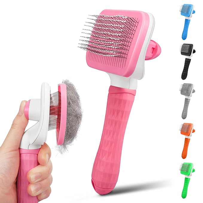 PWOD Dog & Cat Brush, Self Cleaning Slicker Brush for Pets, Upgraded Dog Brush for Shedding Massaging and Grooming, Removes Loose Undercoat & Portable Comb for Long Short Haired Dogs(Pink)
