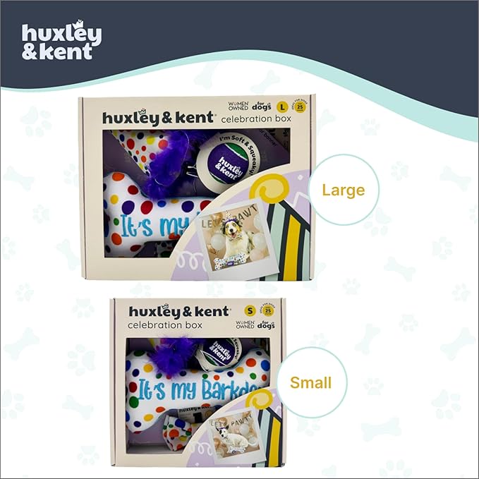 Huxley & Kent Celebration Box for Dogs - Fun Gift Kit with Plush Squeaky Toys, Party Hat, Bow Tie & Banner - Birthday, Gotcha Day & Special Occasion Dog Kit - Happy Barkday Box, Small