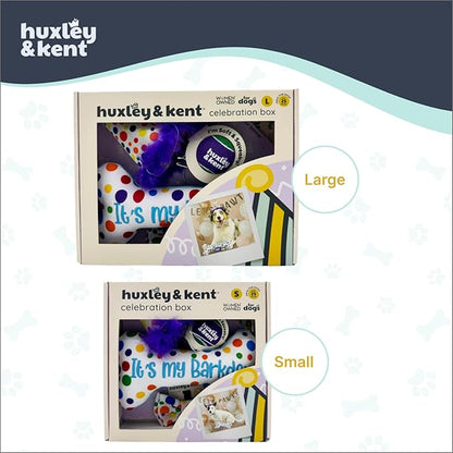 Huxley & Kent Celebration Box for Dogs - Fun Gift Kit with Plush Squeaky Toys, Party Hat, Bow Tie & Banner - Birthday, Gotcha Day & Special Occasion Dog Kit - Happy Barkday Box, Large