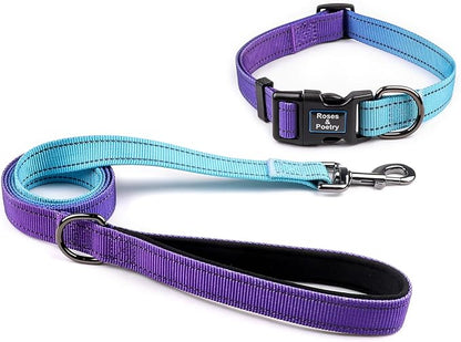 Roses&Poetry Reflective Dog Collar and Leash Set for Large Dogs, Blue and Purple Collar and Leash, Personalized Adjustable Durable Pet Matching Collars Leashes for Girl and Boy （Violet-L