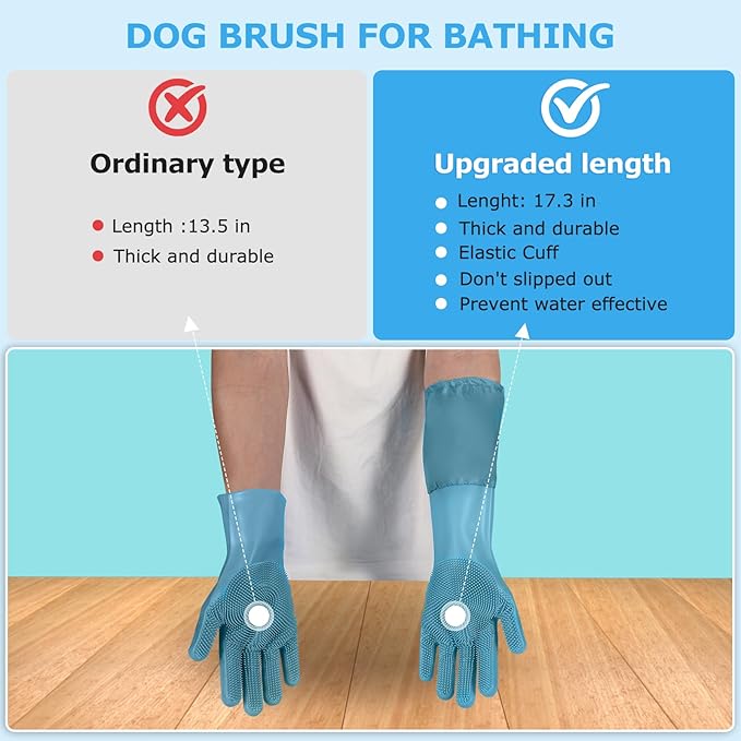Senquoyn Dog Washing Gloves | Pet Grooming Gloves | Extra Long Arms (17.3") for Cats & Dogs | Massage & Hair Removal Pet Glove (Hazy Blue)