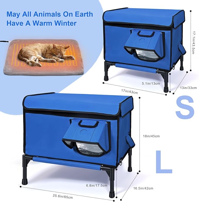 Heated Outdoor Cat House Weatherproof, Small/Large Insulated Cat House for Indoor, Winter Stray/Feral Cat Shelter (Blue Cat Shelter, Large-25.6"×16.5"×12")