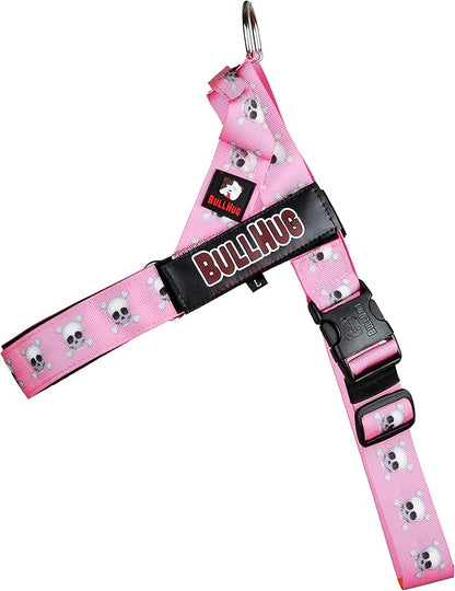 BULLHUG Adjustable Dog Harness– No Pull, No Choke – for English Bulldogs, French Bulldogs, Pugs & Broad-Chested Breeds – Easy, Safe Walks (Pink Skull, Large)