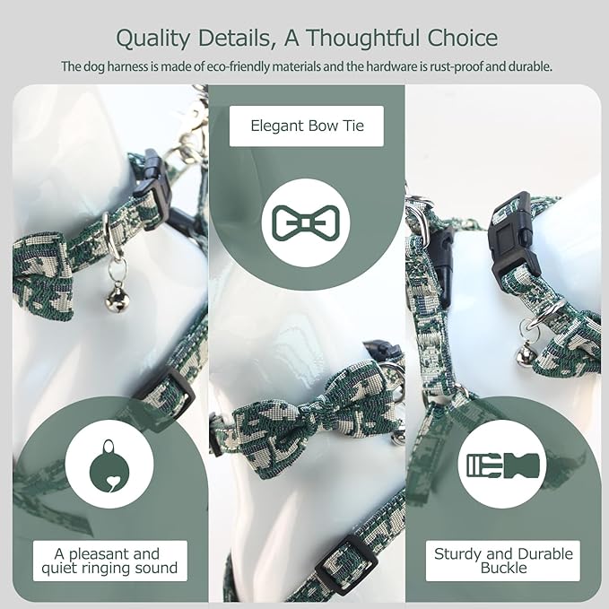 Dog Collar and Harness with Leash Set, Premium Breathable Harnesses for Girl Boy Dogs, No Pull Easy Walking Pet Harness, Green, M