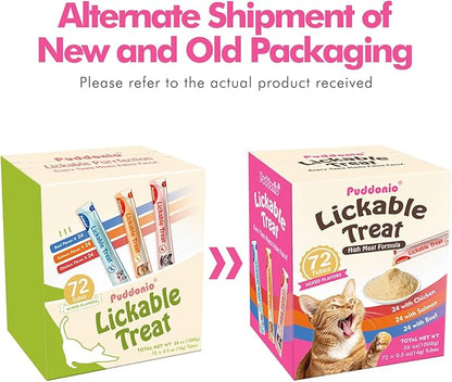 Puddonio High-Meat Lickable Cat Treats, Grain & Gum Free, No Additives, All-Natural High Protein Puree, 0.5oz Tubes (Pack of 72)