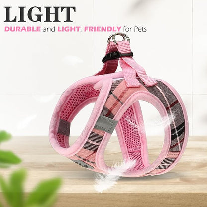 EXPAWLORER Classic Plaid Puppy Harness - Small Dog Harness and Leash Set - Dog Collar and Leash Set with AirTag Holder, Soft Padded Step in Dog Vest Harness No Pull Reflective for Outdoor, Pink XXS