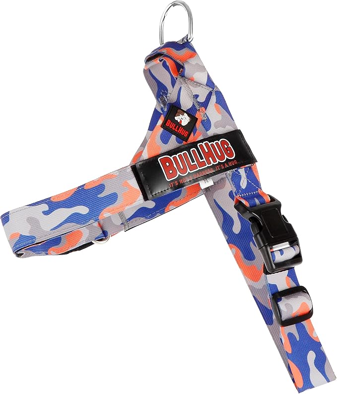 BULLHUG Adjustable Dog Harness– No Pull, No Choke – for English Bulldogs, French Bulldogs, Pugs & Broad-Chested Breeds – Easy, Safe Walks (Orange/Blue Camouflage, Large)