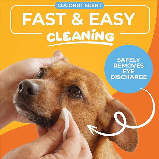 Dog Eye Wipes - Hypoallergenic Eye & Face Wipes for Dogs, Cats, & Puppy - Pet Tear Stain Remover & Cleaner - Gently Cleans & Removes Discharge, Crust, & Gunk (Coconut)