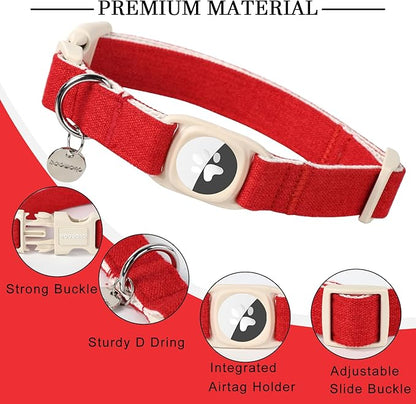 DOGWONG Airtag Cotton Hemp Dog Collar, Heavy-Duty Dog Collar with Airtag Holder Christmas Red Natural Fabric Cute Puppy Necklace for Small Medium Large Dogs