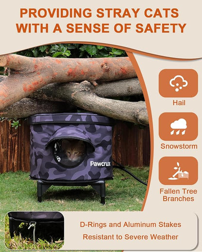 Heated Cat House for Outdoor in Winter, Metal Frame Cat Bed Kitty Shelter with Heating Pad, Insulated & Safe Escape Door & Weatherproof, Warm Home for Outside Stray Cat (Black camo, 16.9"x16.9")