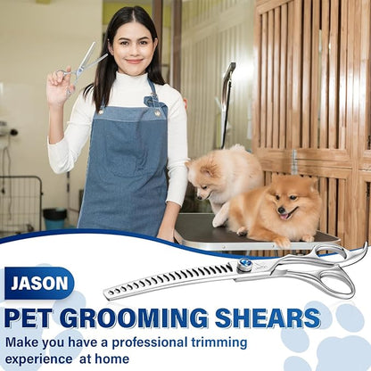 JASON 7" Curved Chunker - Ergonomic Dog Grooming Scissors - Silver - 440C Stainless Steel - Professional Dog Shears For Groomer (21-Teeth) Christmas Gift