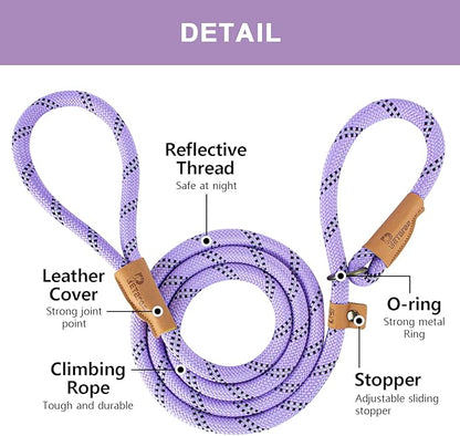 5 FT Slip Lead Dog Leash, Heavy Duty Rope Leash for Small Medium Large Dogs, No Pull Training Lead with Reflective Thread, Strong Comfortable Loop Leash (Lavender Stripe, Large(1/2"))