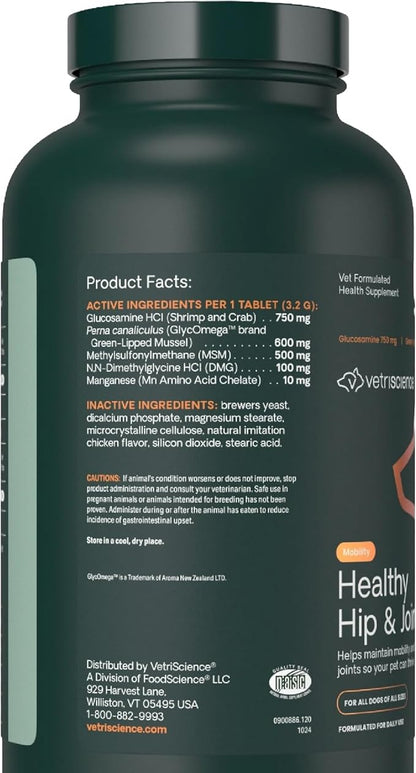 VetriScience Healthy Hip & Joint Chewable Tablets, GlycoFlex Glucosamine and Green-Lipped Mussel Joint Support Supplement for Dogs, Promote Mobility and Protect Joints, Chicken, 120 Count