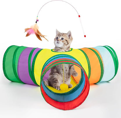 Tempcore Pet Cat Tunnel Collapsible Toy, 3-Way Kitty Tunnel with Peek Hole & Ball - Indoor Play Tube for Cats, Kittens, Puppy, Rabbit, Rabbit Rainbow