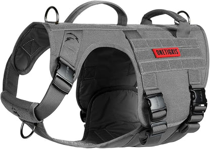 OneTigris Tactical Dog Harness with 5X Metal Buckle,Dog MOLLE Vest with Handle,No Pulling Front Clip,Hook and Loop Panel for Dog Custom Patch (M, Grey)