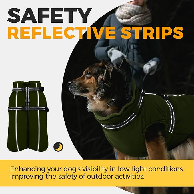 Lelepet Dog Coat with Harness Built in, Waterproof Dog Jacket for Large Dogs Reflective Winter Jacket with Zip Warm Cold Weather Coats for Dogs,Turtleneck Snowsuit, Great Dane, Army Green, XXXL