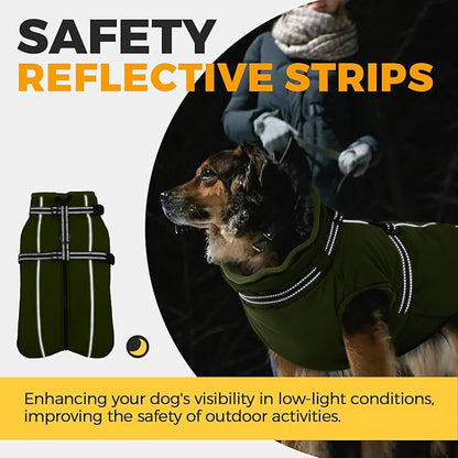 Lelepet Dog Coat with Harness Built in, Waterproof Dog Jacket for Large Dogs Reflective Winter Jacket with Zip Warm Cold Weather Coats for Dogs,Turtleneck Snowsuit, Great Dane, Army Green, XXXL