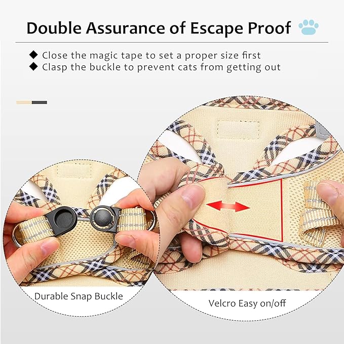 Zelvian Cat Harness and Leash Set for Walking, Escape Proof Adjustable Soft Mesh Kitten Harness with Reflective Strips, Breathable No-Choke Pet Vest for Medium Cats or Small Dogs(Beige,M)