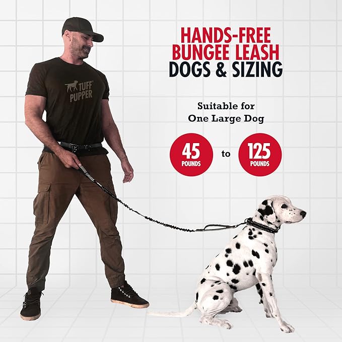 Tuff Pupper Heavy Duty Hands Free Dog Leash | One Large Dog Up to 125 lbs | Comfortable Shock Absorbing Bungee | Reflective Padded Handles | Lumbar Waist Belt 26-38" | Walking Jogging Running Leash