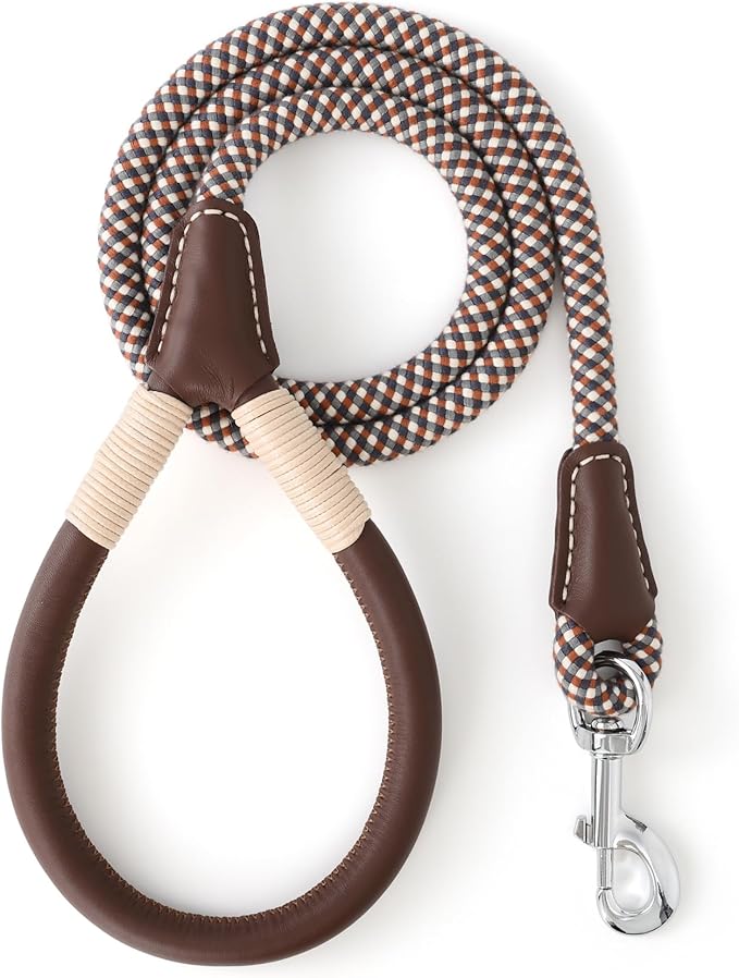 Mile High Life Genuine Leather Wrapped Handle Dog Leash, w Heavy Duty Clasp Rope Leash for Small Medium Large Dogs (Brown, 4FT)