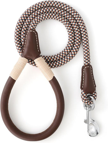 Mile High Life Genuine Leather Wrapped Handle Dog Leash, w Heavy Duty Clasp Rope Leash for Small Medium Large Dogs (Brown, 4FT)