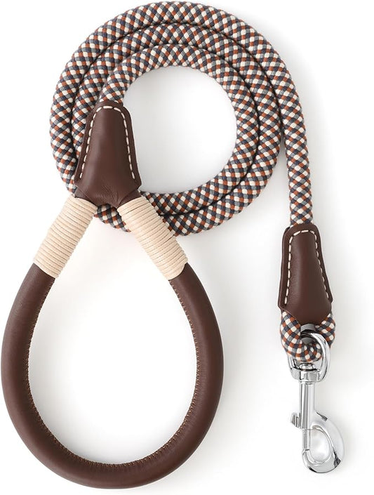 Mile High Life Genuine Leather Wrapped Handle Dog Leash, w Heavy Duty Clasp Rope Leash for Small Medium Large Dogs (Brown, 6FT)