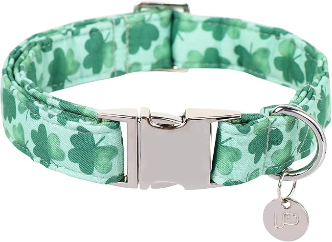 St. Patrick's Dog Collar, Cotton St. Patricks Clover Collar for Puppy Girl Boy Dog or Cat, Lucky Shamrock Dog Collar with Metal Buckle, Green, Spring, S