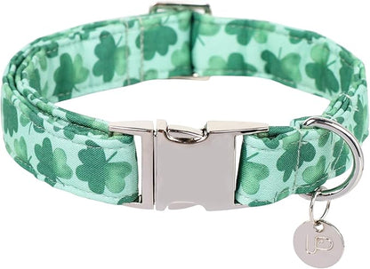 St. Patrick's Dog Collar, Cotton St. Patricks Clover Collar for Puppy Girl Boy Dog or Cat, Lucky Shamrock Dog Collar with Metal Buckle, Green, Spring, S