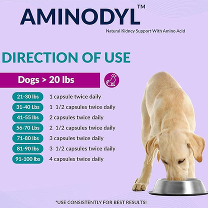 Aminodyl™ Kidney Support Supplement 1100mg for Dogs - Supports Natural Kidney Function with Amino Vastly Promotes Health, Wellbeing & Vitality of Kidneys 120 Sprinkle Capsules. Made in U.S.A