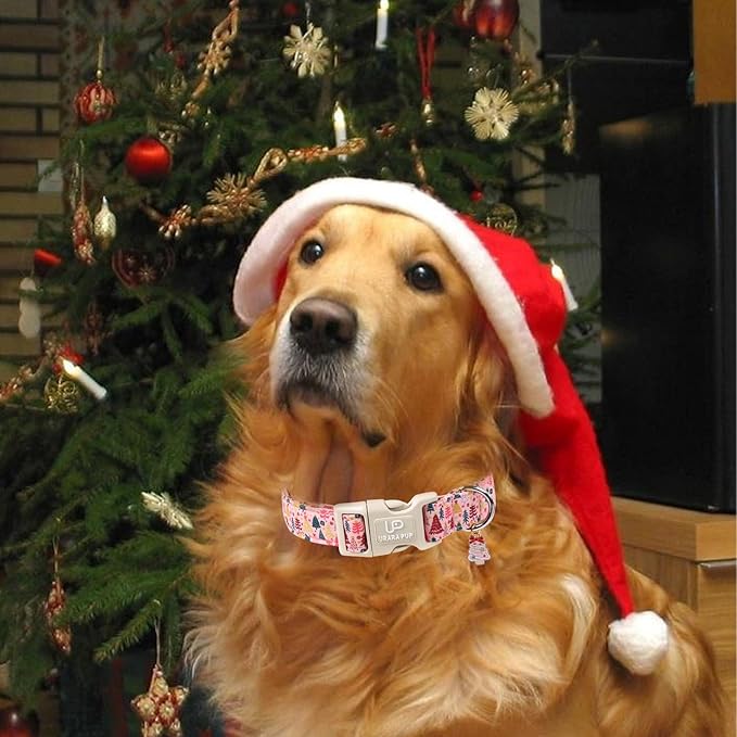 Christmas Dog Collar, Pink Christmas Tree for Dogs, Adjustable Pet Collar with Cute Xmas Tree Pendant, Festive Winter Dog Accessories for Small Medium Large Dogs S