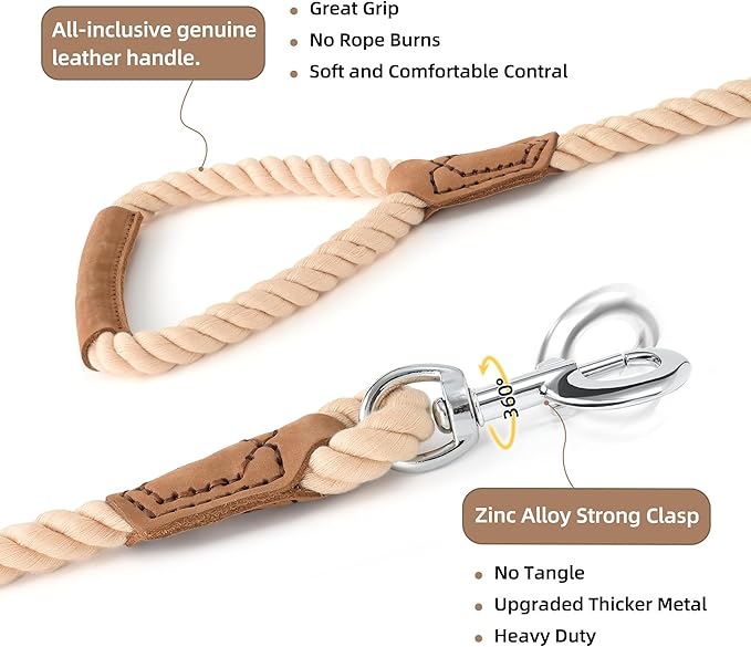 Mile High Life Dog Leash, Braided Cotton Rope Leashes with Leather Handle - Heavy Duty Metal Clasp, 4FT, 1/2" Thick - Wedding, Walking & Training Leash for Small Medium Large Dogs (Light Brown)