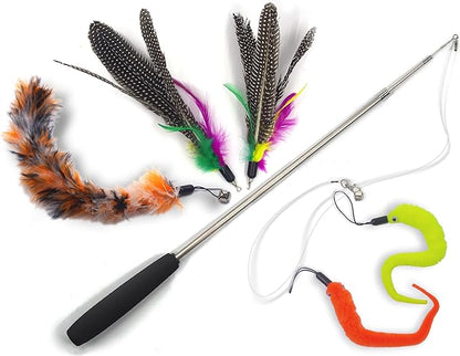 YOOGAO Pet Cat Toys Wand Retractable Interactive Feather Teaser Cat Toy with Bell, 5pcs Refills