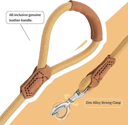 Mile High Life | Premium Leather Handle Dog Leash | Strong Rope Leash | Zinc Alloy Strong Clasp | Small Medium Large Dogs | 4/5/6 Feet(Yellow, 48 Inch (Pack of 1))