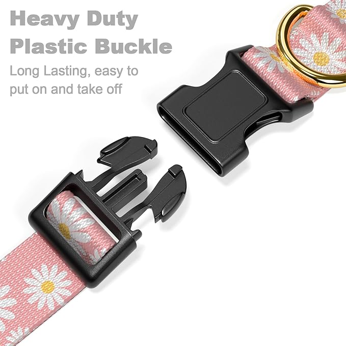 Rnivvi Dog Collar for Medium Dogs, Cute Heavy Duty Adjustable Puppy Collar with Quick Release Buckle for Girl & Female, Pet Accessories for Walking Running, M Length 1" Width, Pink Daisy Flower