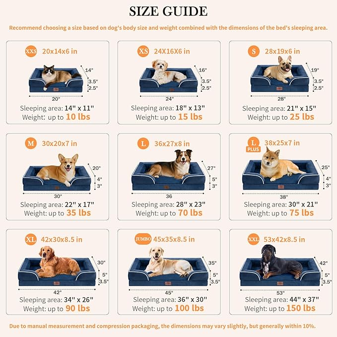 Comfort Expression Orthopedic Dog Bed for Medium Dogs 30x20 Inch, Waterproof Supportive Egg Crate Foam Medium Pet Bed with Removable Bolster, Dog Couch with Washable Cover & Non-Slip Bottom, Navy Blue