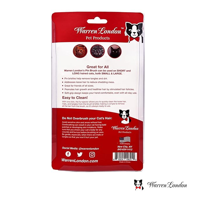 Warren London Self-Cleaning Cat Pin Brush | Push-Button Fur Ejector, Bead-Tipped Nylon Pins – Gentle Shedding & Detangling for Cats, Kittens, Rabbits, Ferrets & Small Dogs | Ergonomic Anti-Slip Grip