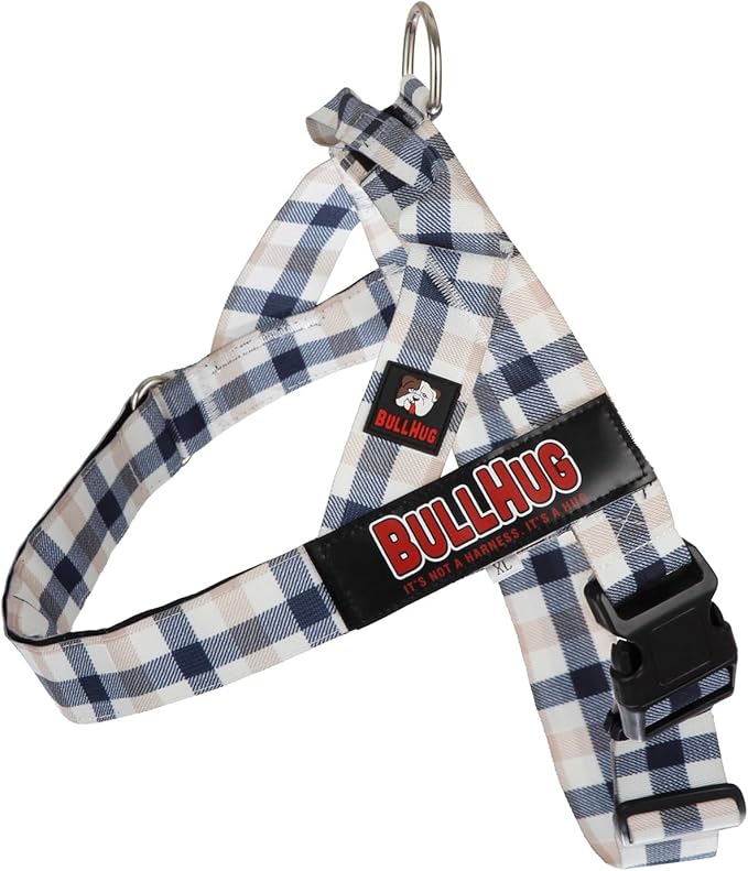 BULLHUG Adjustable Dog Harness– No Pull, No Choke – for English Bulldogs, French Bulldogs, Pugs & Broad-Chested Breeds – Easy, Safe Walks (Blue TAN Plaid, Small)