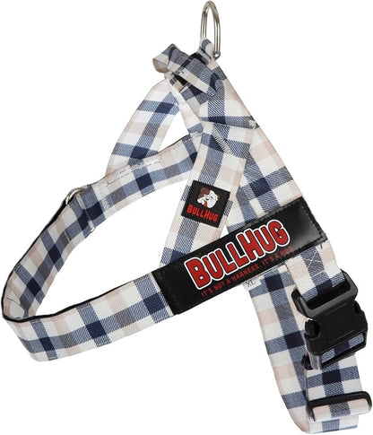 BULLHUG Adjustable Dog Harness– No Pull, No Choke – for English Bulldogs, French Bulldogs, Pugs & Broad-Chested Breeds – Easy, Safe Walks (Blue TAN Plaid, Small)