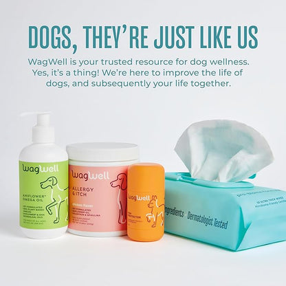WagWell Daily Cleansing Dog Wipes 50 Count – Vet-Approved, All Natural, Dermatologist Tested, Microbiome-Friendly – Head-to-Tail (Avoid Eye Area), Helps Reduce Odor – No Added Fragrance