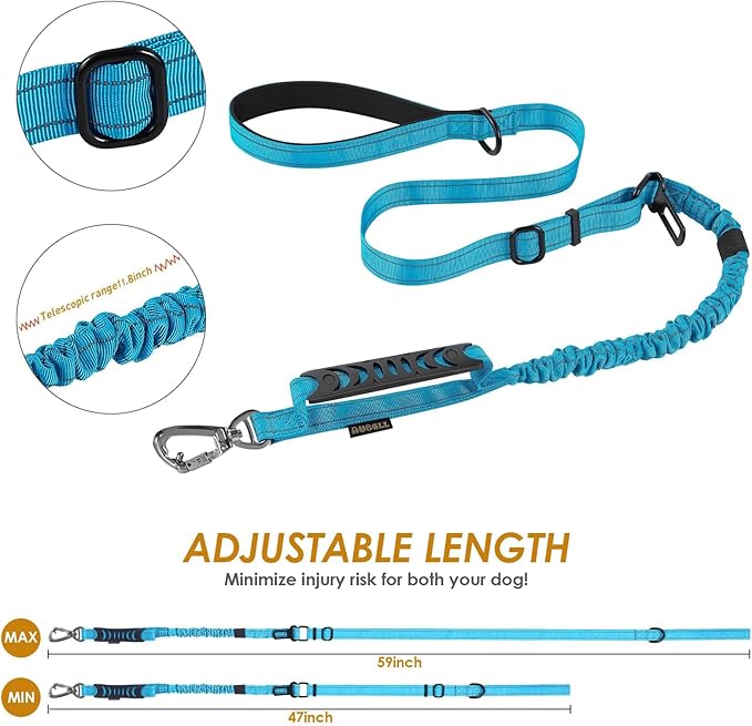 AUBELL Tactical Dog Leash Heavy Duty,4-6ft Reflective Strong No Pull Bungee Leash for Medium Large Dogs with Comfortable Padded Double Handle,Car Seat Belt,360 Degree Rotating Carabiner,Blue