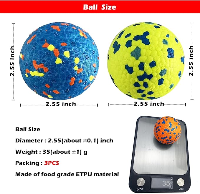 CAISHOW 3Pack Dog Ball Toys Indestructible Float On Water Fetch Bouncy Durable Solid Rubber Ball for Puppy Small and Medium Dogs Playing Toys (3Pcs-2.55'')