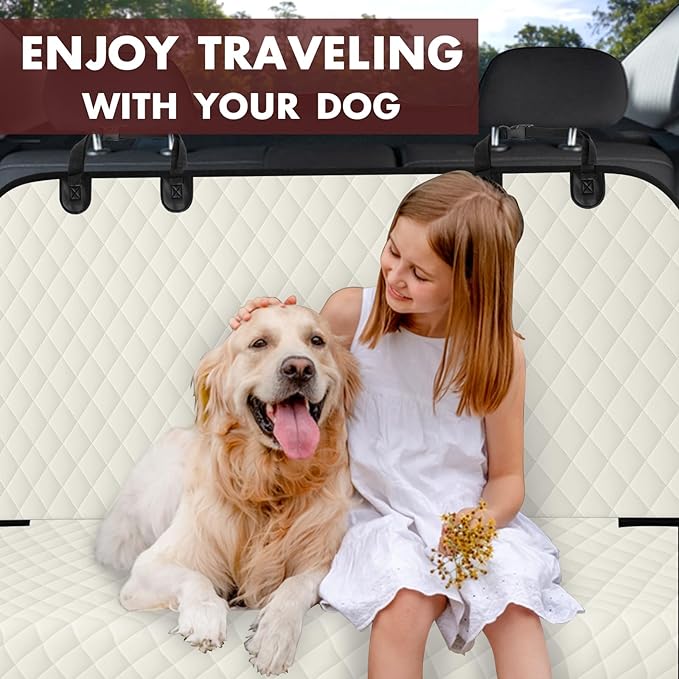 NECKORY Backseat Cover for Dogs, Waterproof and Non-Slip Pet Bench Seat Covers, Car Seat Protector for Back Seat, Universal Size Rear Car Seat Cover Fits Cars, Trucks and SUVs, L-Beige&Black