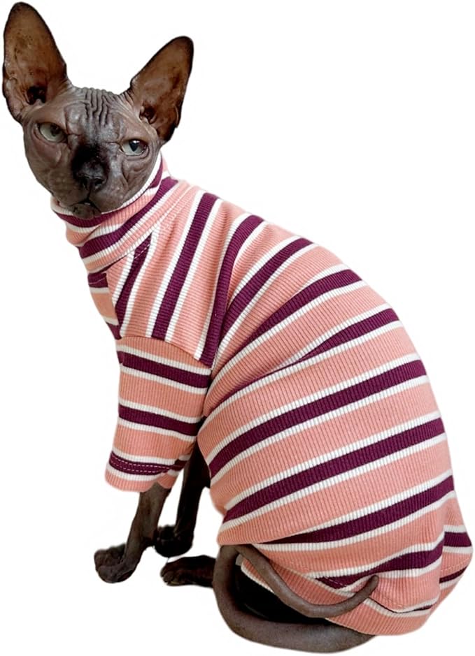 Turtle Neck Vintage Stripes Sphynx Hairless Cat Cotton T-Shirts Pet Clothes Vest Kitten Shirts Sleeveless, Cats & Small Dogs Apparel (Pink, XL (9-12.5 lbs))