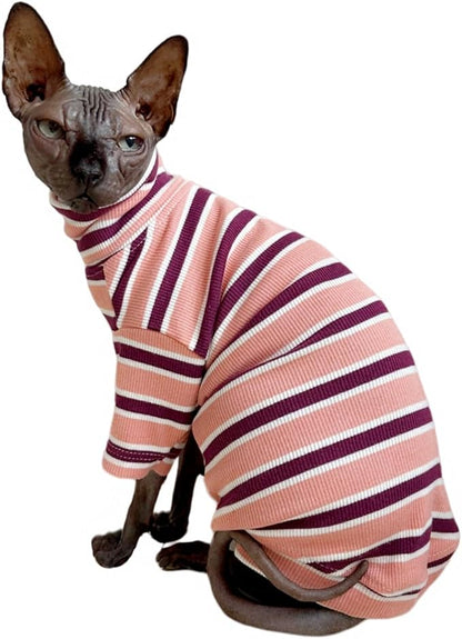 Turtle Neck Vintage Stripes Sphynx Hairless Cat Cotton T-Shirts Pet Clothes Vest Kitten Shirts Sleeveless, Cats & Small Dogs Apparel (Pink, XL (9-12.5 lbs))