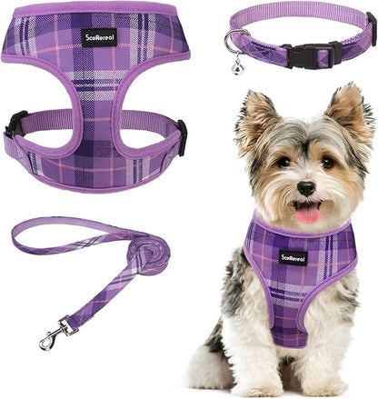 SCENEREAL No Pull Dog Harness Collar and Leash Set Small Medium Sized Dog, Soft Mesh Step in Puppy Harnesses, No Chock Plaid Adjustable Pet Vest for Outdoor Walking Training and Running, Purple S