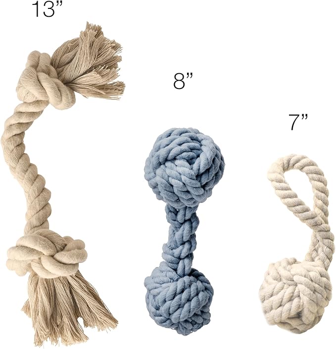 Brady The Rope Tug Toy 3-Pack Organic Cotton Dog Rope Pull Toys for All Pet Breeds, Sandy Chic, One Size