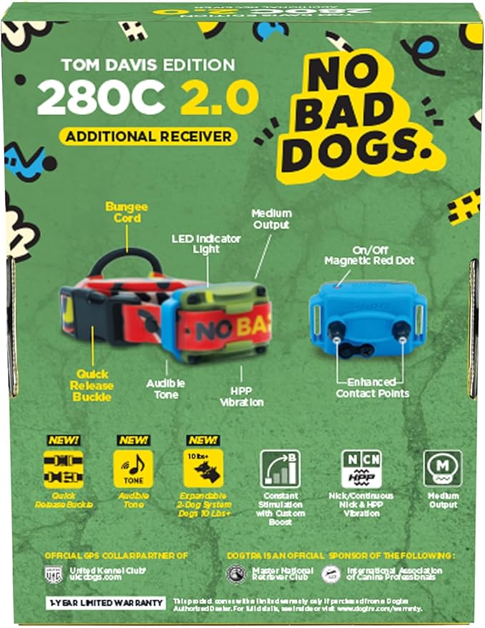 Dogtra Tom Davis 280C 2.0 Receiver Only, Add-a-Dog Collar for Existing Remote (Not Included), Boost & Lock, Waterproof, Rechargeable, 127 Levels, Vibration, 1/2-Mile Range, No Bad Dogs Trainer
