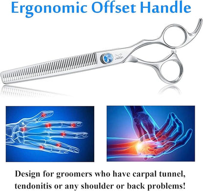 JASON 7" 50 Teeth Thinning Dog Grooming Blending Scissor, Ergonomic Pet Grooming Thinner Blender Shears Cat Trimming Texturizing Kit with Offset Handle and a Jewelled Screw 30% Thinning Rate Christmas