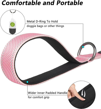 PetiFine 4FT Heavy Duty Dog Leash with Soft Padded Double Handle, Durable Strong Clasp Dog Leashes, Reflective Nylon Walking Lead for Large,Medium,Small Breed Dogs, Pink